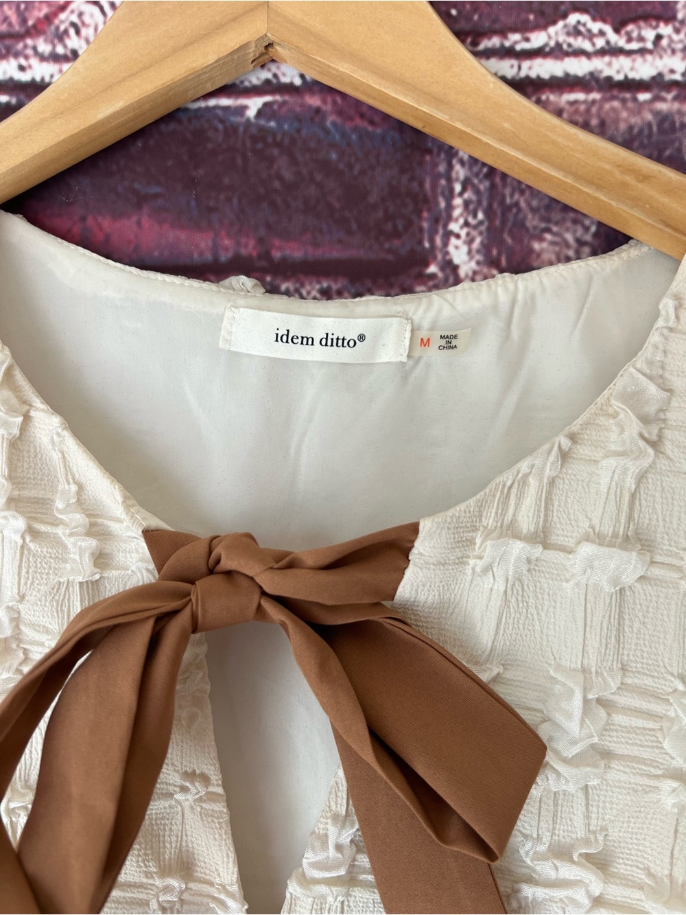 Idem Ditto Cream Bubble Textured Tie-Front Bow Babydoll Peplum Blouse - Picture 5 of 6